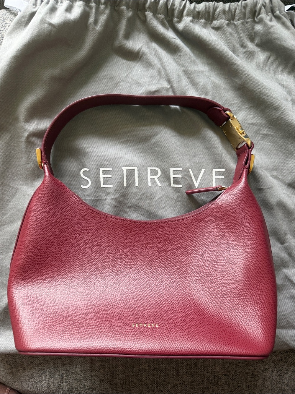 Senreve Wine Red Pebbled Leather Shoulder Bag with Gold Hardware